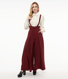 Voodoo Vixen 1950s Burgundy High Waist Suspender Pants 20s Outfits Women, 1950s Pants, Wicked Musical, Retro Skirt, Suspender Pants, Rich Burgundy, Vintage Inspired Fashion, 90s Fashion Outfits, Plus Size Vintage