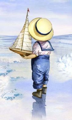 a watercolor painting of a boy with a sailboat in his hand and the bible verse