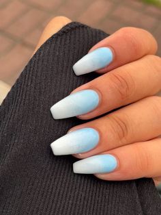 Nail Idea For Blue Dress, Light Blue Ombre Acrylic Nails, Ombre Nails White And Blue, Acrylic Nail Light Blue, Powder Blue Ombre Nails, Light Blue Pastel Nails, Cute Nails Acrylic Light Blue, Light Blue White Ombre Nails, Sky Blue White Nails