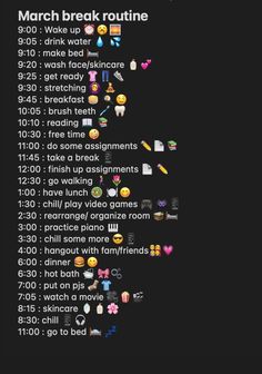 a black background with many different emoticions on the bottom right hand corner and text that reads march break routine