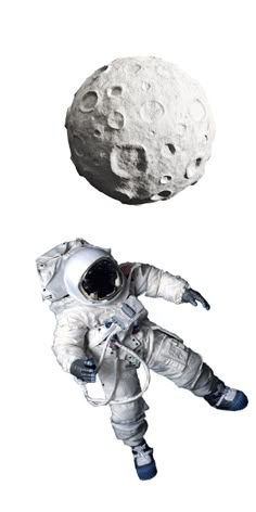 an astronaut floating in the air next to a large moon on a white sky background