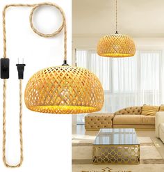 a living room filled with furniture next to a wall mounted light fixture and rope hanging from the ceiling