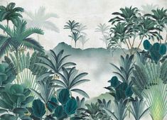 an artistic painting of tropical plants and trees