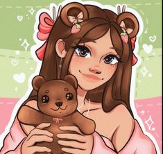 a girl holding a teddy bear in her arms with hearts around her neck and eyes