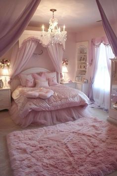 a bedroom decorated in pink and white with a chandelier hanging from the ceiling