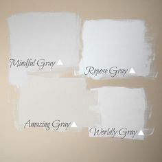 three white paint colors with the words amazing gray, repose gray and worldly gray