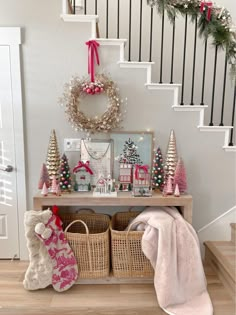 christmas decorations and wreaths on the stairs