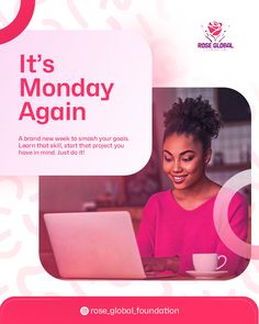 This is a Monday motivation social media design. It entails a happy and vibrant woman seated while working on her pc. Flyer Inspiration, Church Media Design, Media Advertising Design, Social Media Branding Design, Creative Flyer Design, Social Media Advertising Design