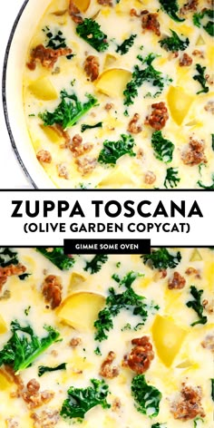 two photos of zuppa toscana with cheese and spinach in a pan