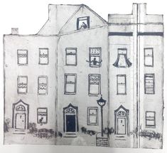 a drawing of two buildings with windows and doors on each side, one has a street light in front of it