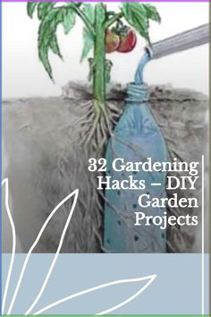 a bottle with some plants growing out of it and the words, 32 gardening hacks - diy garden projects