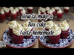 two plates with cupcakes on them and the words how to make a box cake taste homemade