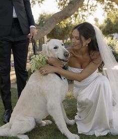 a woman in a wedding dress kneeling down with her arm around a dog's neck