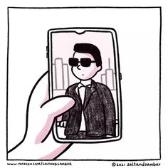 a drawing of a person taking a selfie with his cell phone in front of him