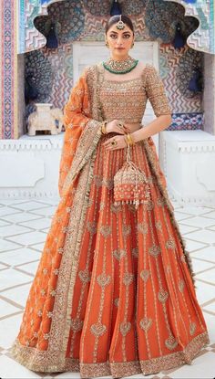 Bridal Lehengas Indian, Lahanga Design Latest Wedding, Mendhi Outfit For Bride, Wedding Lehnga Bridal Lehenga, Orange Wedding Lehenga, Best Lehenga Designs, Wedding Dress Lehenga, Kanwal Malik, Dress Lehenga