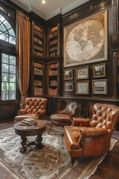 a living room filled with lots of brown furniture and bookshelves full of books