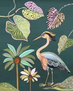 a painting of a bird surrounded by tropical leaves and flowers on a dark green background