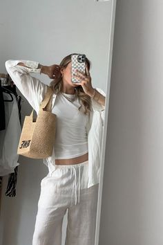 Mango Linen Set, Weekday vest, Loewe Paula's Ibiza Raffia Tote Bag, Pandora Jewellery Linen Outfit Summer, Loewe Paula's Ibiza, Co Ords Outfits, Linen Outfit, Raffia Tote Bag, European Summer Outfits, Monochrome Outfit, Linen Set, European Summer