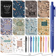 a set of six notebooks and pens with different designs on them, including one blue pen