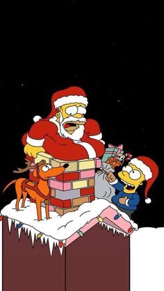 the simpsons christmas scene with santa claus and other characters on top of a brick wall