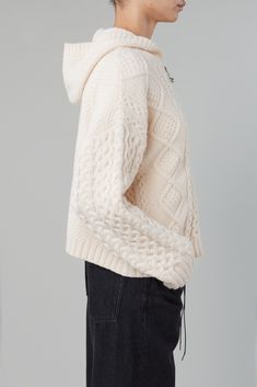 The Dakota Sweater is a wool knit hooded zip up with two way zipper closure. It features a clean combination of cable knit and honeycomb patterns as well as custom hardware. This sweatshirt is unisex. Honeycomb Pattern, Wool Knit, Zip Sweater, Sweater Skirt, Favorite Jeans, Skirt Pants, Cardigans For Women, Honeycomb, Cable Knit