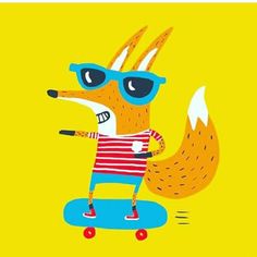 a cartoon fox wearing sunglasses riding a skateboard