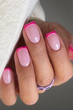 Pink And White Nails Gel French Tips, Color Nails With French Tip, Magenta Tip Nails, Colorful French Tips Square, French Tip Nails With Design Pink, Pink Tip Nails With Flowers, Bright Pink Tip Nails, Two Tone Pink French Nails, Short French Pink Nails