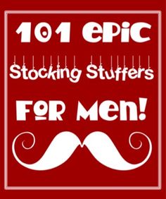 the words 10 epic stocking stuff for men are in white letters on a red background