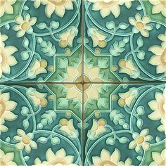 a green and yellow tile design with flowers on it's sides, in the center