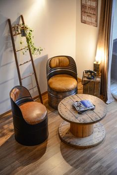 two chairs and a table in a living room with wood flooring on the wooden floors