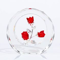 a glass vase with three red roses in it on a white surface, and the base is circular