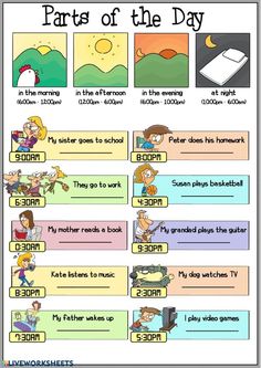 parts of the day worksheet for kids with pictures and words on it,