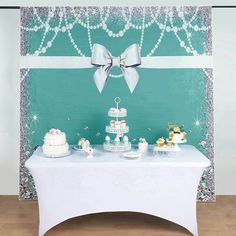 8ftx8ft Turquoise/White Bow, Diamond Pearl Print Vinyl Photo Backdrop Vinyl Party, Photography Studio Setup, Vinyl Photo, Tiffany Party, Glitter Photography, Photography Settings, Vinyl Style, Bridal Shower Photos, Special Events Decor