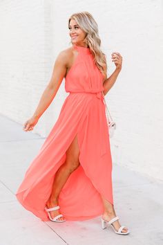 Tell Me About It Bright Coral Maxi Dress FINAL SALE – Pink Lily Coral Summer Dress, Spring Beach Wedding Guest Dress, Beach Wedding Attire For Guest Women, Semi Formal Beach Wedding Attire, Spring Wedding Outfits For Guest, Coral Dress Outfit Wedding, What To Wear To A Beach Wedding, Cancun Wedding Outfit Guest, Coral Pink Outfit