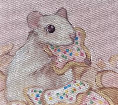 a painting of a white mouse sitting on top of a chair with donuts in front of it