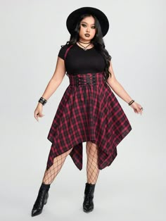 Rojo Casual Collar sin mangas Tela tricotada A cuadros A línea Embellished No-Elástico Plus Size Cute Dress, Goth Jumpsuit Outfit, Plus Size Alt Style, Goth Clothes Plus Size, Curvy Goth Fashion, Plus Size Queer Fashion, Casual Goth Outfits Plus Size, Plus Size Punk Outfits, Plus Size Midi Skirt Outfit