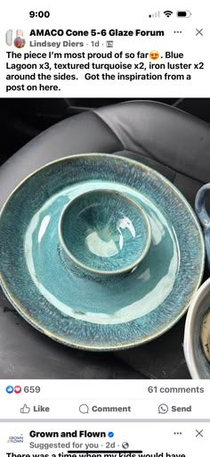 two blue plates sitting on top of a car seat next to another plate and bowl