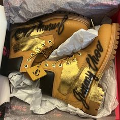 Brand New In Box- With Receipt- Jimmy Choo Timberland Graffiti Wheat Gold Women’s Size 7 Never Taken Out Of Box True Size 7 Graffiti Custom Shoes, Custom Timberland Boots, Starlight Express, Jimmy Choo Boots, Ankle Wrap Heels, Timberland Boots Mens, Timberland Boots Women, Metallic Boots, Leather Biker Boots