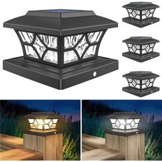 four different angles of the solar powered light on top of a wooden deck at night