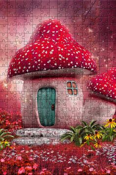 a jigsaw puzzle with a red mushroom house and flowers in the foreground