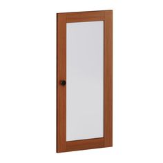 a wooden door with a mirror on the front and side paneled in wood, against a white background