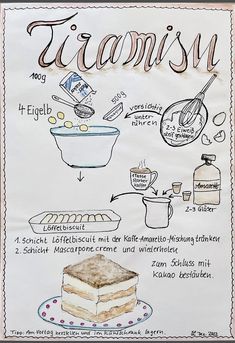 a poster with instructions on how to make a tirami cake and what ingredients are in it