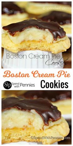 boston cream pie cookies with chocolate drizzled on top and the same cookie