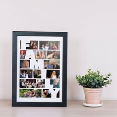 a framed photo with the words i love my family surrounded by photos and a potted plant