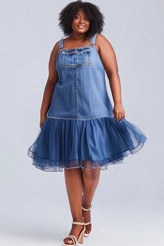 Xpluswear Design Plus Size Daily Blue Ruffle See Through Tencel Denim Tulle Overall Dress Shirt Collar Pattern, Summer Tips, Figure Fashion, Tencel Denim, Tulle Mini Dress, Full Figure Fashion, Denim Overall Dress, Dress Occasion, Skirt Sets