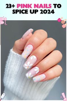 Aesthetic pink nails in a coffin shape with a matte finish, featuring polka dots and white floral art, ideal for casual spring events, made with gel. Spring Events, Coffin Shape, Casual Spring, Spice Up