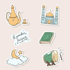 various stickers with different things on them including books, teapots and other items