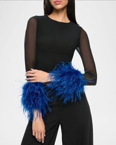 Feather cuffed long sleeve top. Black Mesh Crop Top, Feather Cuff, Feather Top, Feather Tops, Black Mesh Top, Cuffed Top, Mesh Crop Top, Alice And Olivia, Crop Blouse