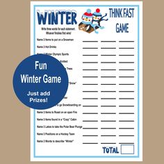 a printable winter game for kids with the words, fun winter game just add prizes