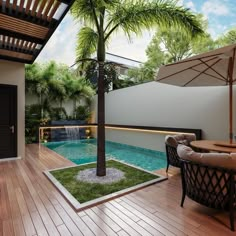 an outdoor patio with table, chairs and umbrellas next to a pool in the backyard